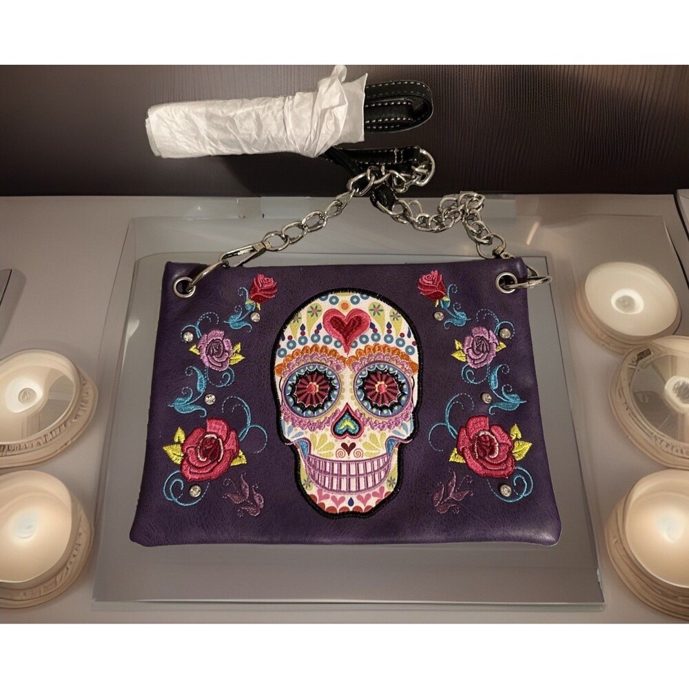 Sugar Skull Day Of The Dead Crossbody Shoulder Bag Purse Purple Embroidered NWOT